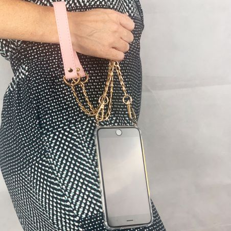 Coque Pour Iphone 18 Pro avec Lanière Cordon Chaine et Cuir Rose