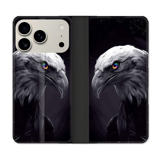 Housse cuir portefeuille Pour Iphone 18 Pro Animal Aigle Royal Noir