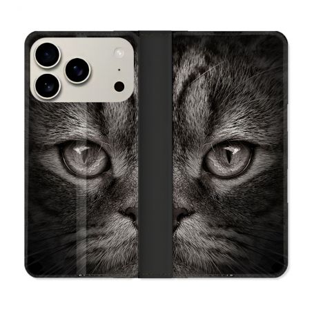 Housse cuir portefeuille Pour Iphone 18 Pro Animal Chat Gris