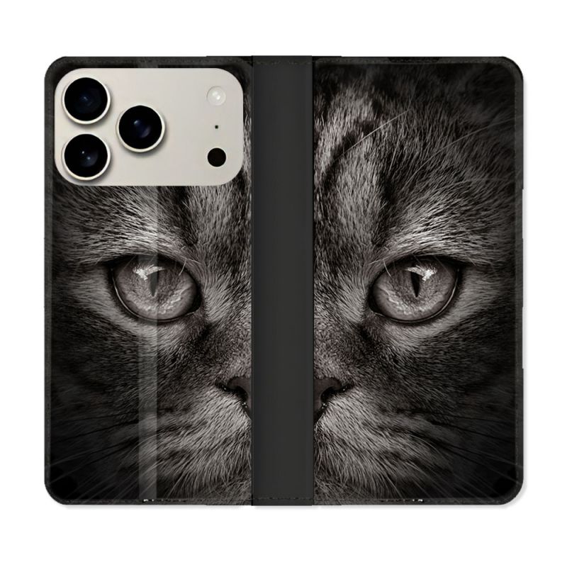 Housse cuir portefeuille Pour Iphone 18 Pro Animal Chat Gris