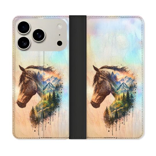 Housse cuir portefeuille Pour Iphone 18 Pro Animal Cheval Montagne
