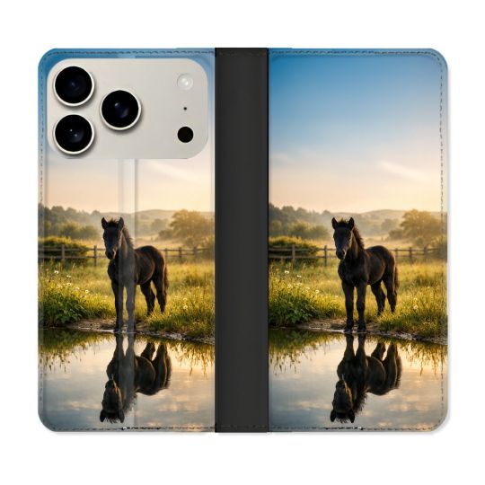 Housse cuir portefeuille Pour Iphone 18 Pro Animal Cheval Reflet