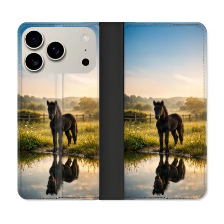 Housse cuir portefeuille Pour Iphone 18 Pro Animal Cheval Reflet