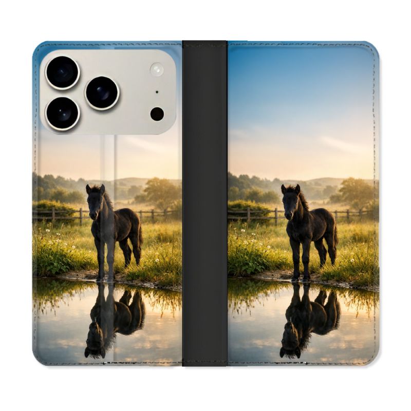 Housse cuir portefeuille Pour Iphone 18 Pro Animal Cheval Reflet