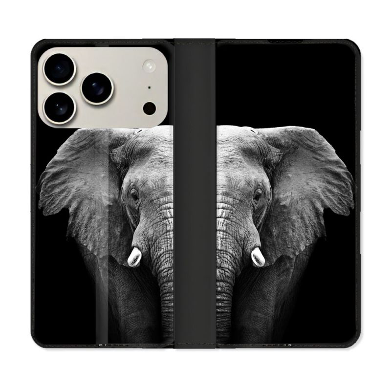 Housse cuir portefeuille Pour Iphone 18 Pro Animal Elephant Noir