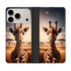 Housse cuir portefeuille Pour Iphone 18 Pro Animal Girafe Savane