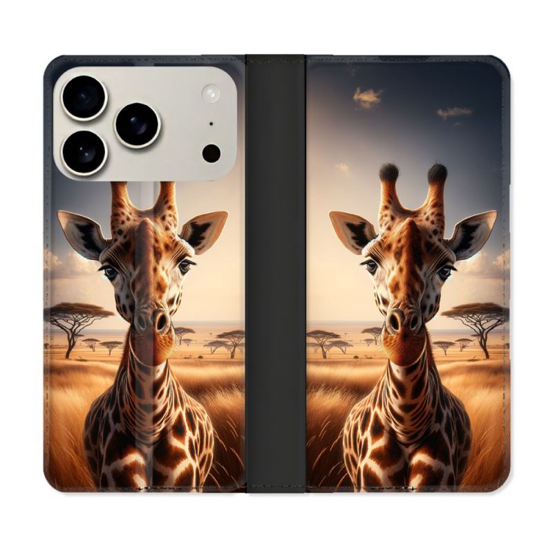 Housse cuir portefeuille Pour Iphone 18 Pro Animal Girafe Savane