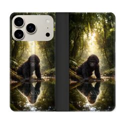 Housse cuir portefeuille Pour Iphone 18 Pro Animal Gorille Reflet