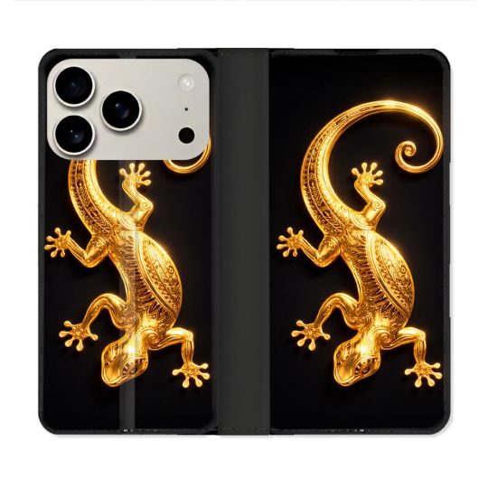 Housse cuir portefeuille Pour Iphone 18 Pro Animal Lezard Noir 2026
