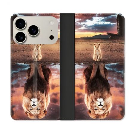 Housse cuir portefeuille Pour Iphone 18 Pro Animal Lion Reflet