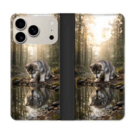 Housse cuir portefeuille Pour Iphone 18 Pro Animal Loup Reflet