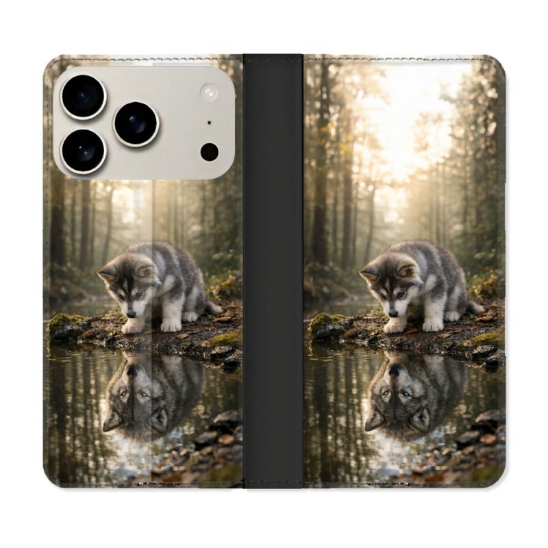 Housse cuir portefeuille Pour Iphone 18 Pro Animal Loup Reflet