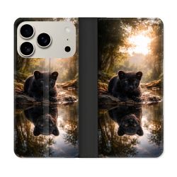 Housse cuir portefeuille Pour Iphone 18 Pro Animal Panthère Reflet