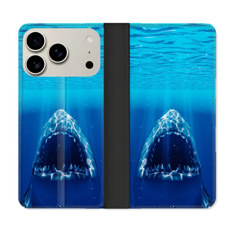Housse cuir portefeuille Pour Iphone 18 Pro Animal Requin Dent
