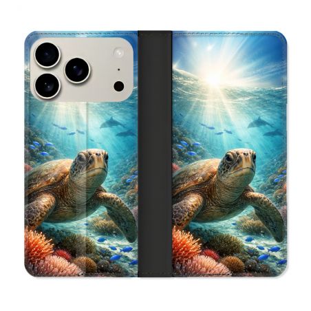Housse cuir portefeuille Pour Iphone 18 Pro Animal Tortue Marine
