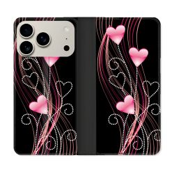 Housse cuir portefeuille Pour Iphone 18 Pro Max Amour Coeur Rose Montant sur Noir