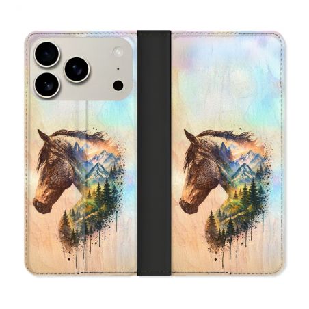 Housse cuir portefeuille Pour Iphone 18 Pro Max Animal Cheval Montagne