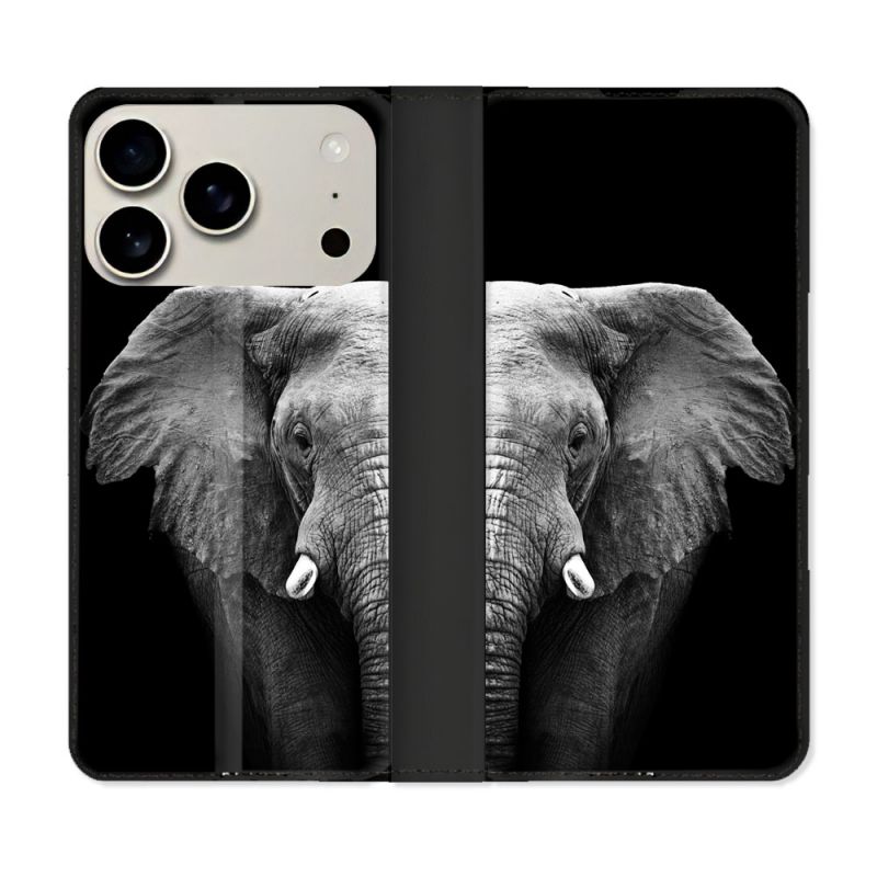 Housse cuir portefeuille Pour Iphone 18 Pro Max Animal Elephant Noir