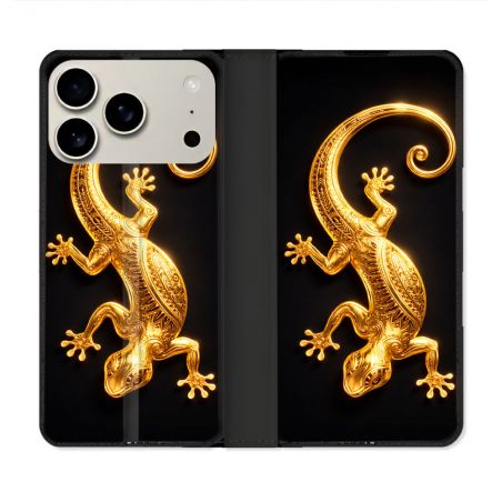 Housse cuir portefeuille Pour Iphone 18 Pro Max Animal Lezard Noir 2026