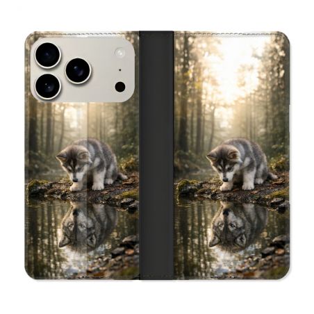 Housse cuir portefeuille Pour Iphone 18 Pro Max Animal Loup Reflet