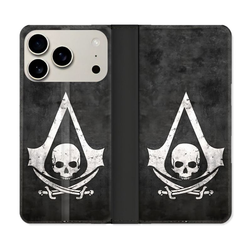 Housse cuir portefeuille Pour Iphone 18 Pro Max Assassin Creed Tete Mort
