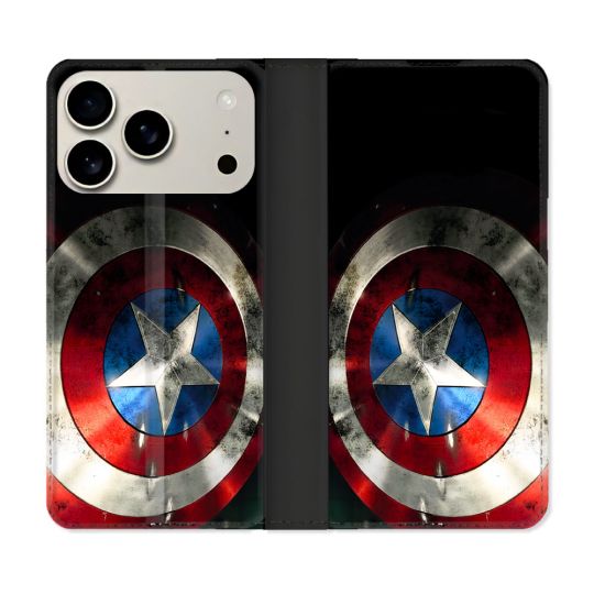 Housse cuir portefeuille Pour Iphone 18 Pro Max Captain America Bouclier