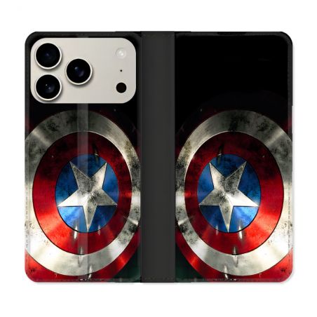 Housse cuir portefeuille Pour Iphone 18 Pro Max Captain America Bouclier