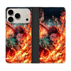 Housse cuir portefeuille Pour Iphone 18 Pro Max Manga Demon Slayer Tanjiro Feu