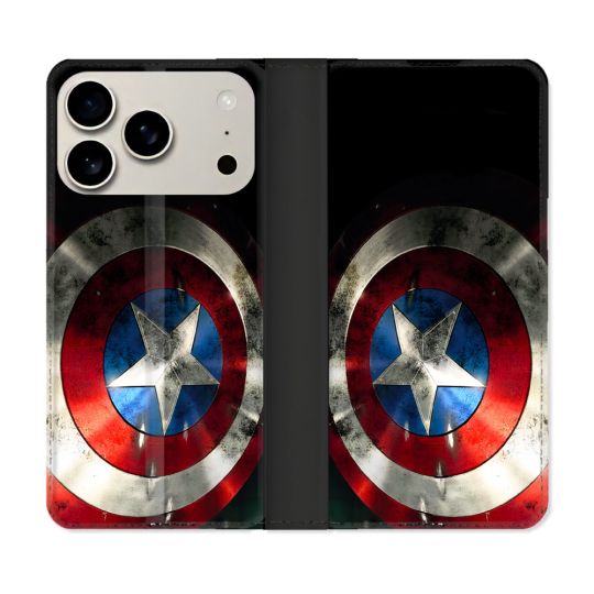 Housse cuir portefeuille Pour Iphone 18 Pro Captain America Bouclier