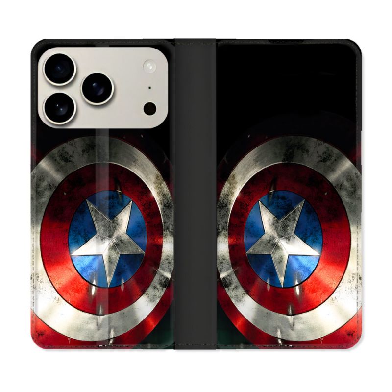 Housse cuir portefeuille Pour Iphone 18 Pro Captain America Bouclier