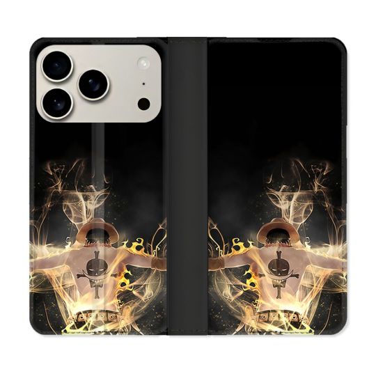 Housse cuir portefeuille Pour Iphone 18 Pro Max Manga One Piece Ace Noir