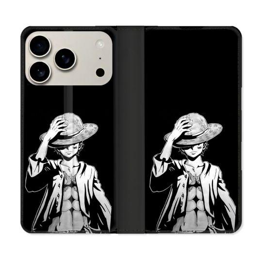 Housse cuir portefeuille Pour Iphone 18 Pro Max Manga One Piece Luffy Noir