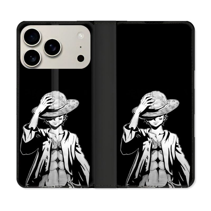 Housse cuir portefeuille Pour Iphone 18 Pro Max Manga One Piece Luffy Noir