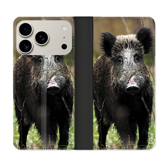 Housse cuir portefeuille Pour Iphone 18 Pro Chasse Sanglier bois