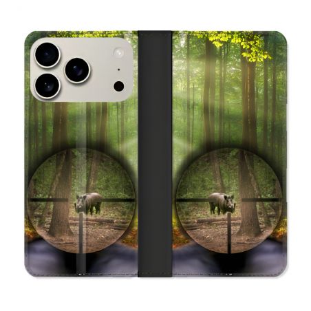 Housse cuir portefeuille Pour Iphone 18 Pro Chasse Sanglier Viseur