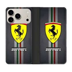 Housse cuir portefeuille Pour Iphone 18 Pro Ferrari Carbone