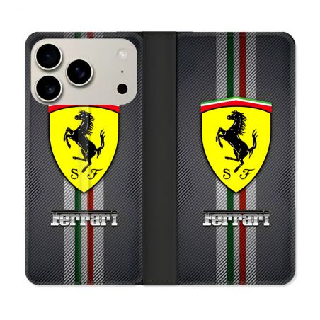 Housse cuir portefeuille Pour Iphone 18 Pro Ferrari Carbone