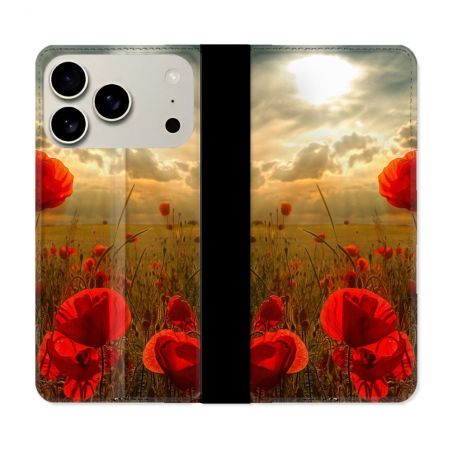 Housse cuir portefeuille Pour Iphone 18 Pro Fleur Coquelicot