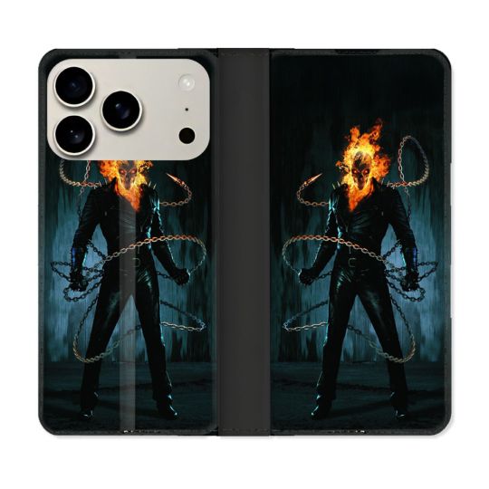 Housse cuir portefeuille Pour Iphone 18 Pro Ghost Rider