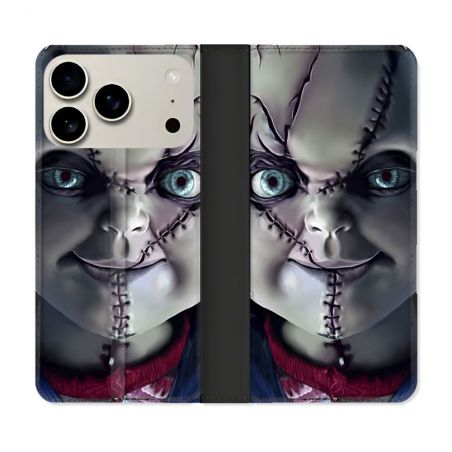 Housse cuir portefeuille Pour Iphone 18 Pro Horreur Chucky Cicatrice