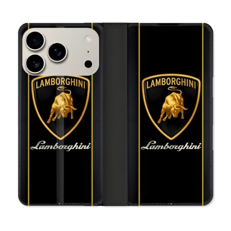 Housse cuir portefeuille Pour Iphone 18 Pro Lamborghini Carbone