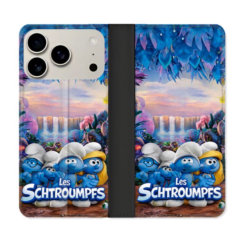 Housse cuir portefeuille Pour Iphone 18 Pro Max Schtroumpfs Forêt