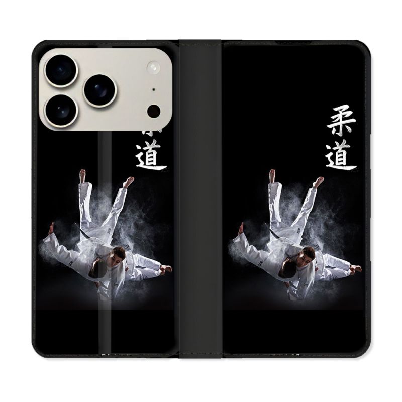 Housse cuir portefeuille Pour Iphone 18 Pro Max Sport Judo Noir