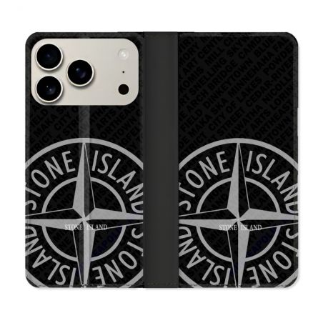 Housse cuir portefeuille Pour Iphone 18 Pro Max Stone Island Gris