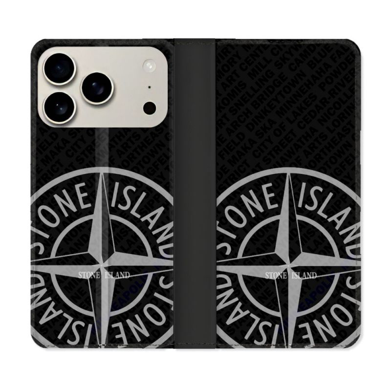 Housse cuir portefeuille Pour Iphone 18 Pro Max Stone Island Gris