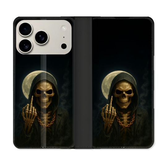 Housse cuir portefeuille Pour Iphone 18 Pro Max Tete de Mort Doigt 2026