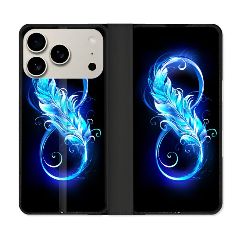 Housse cuir portefeuille Pour Iphone 18 Pro Max Texture Plume Infini Bleu