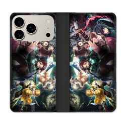 Housse cuir portefeuille Pour Iphone 18 Pro Manga Demon Slayer Groupe