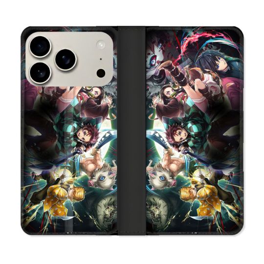 Housse cuir portefeuille Pour Iphone 18 Pro Manga Demon Slayer Groupe