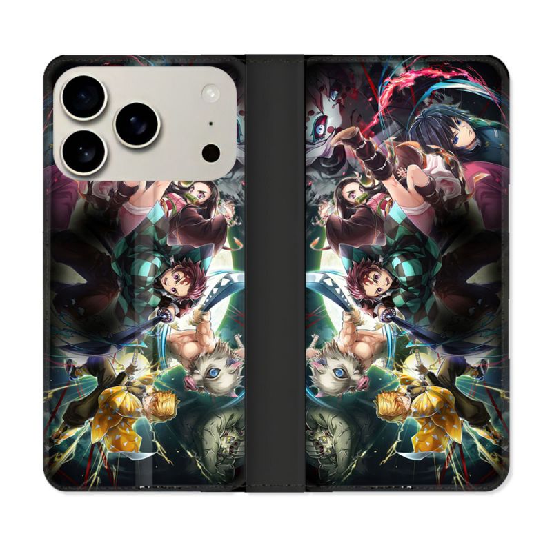Housse cuir portefeuille Pour Iphone 18 Pro Manga Demon Slayer Groupe